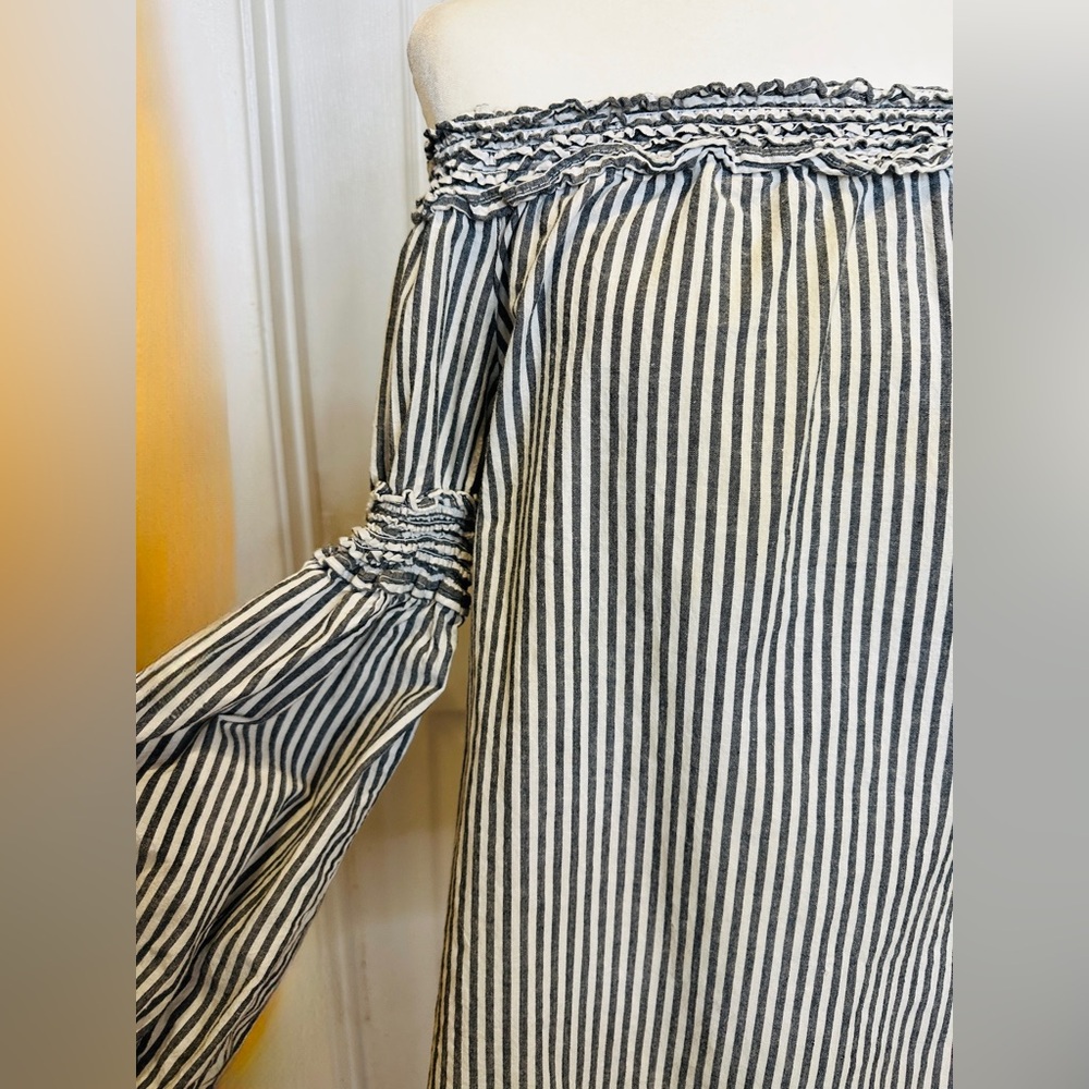Max Studio Black White Striped Puff Ruffle Long Sleeve Blouse Large - Picture 10 of 10